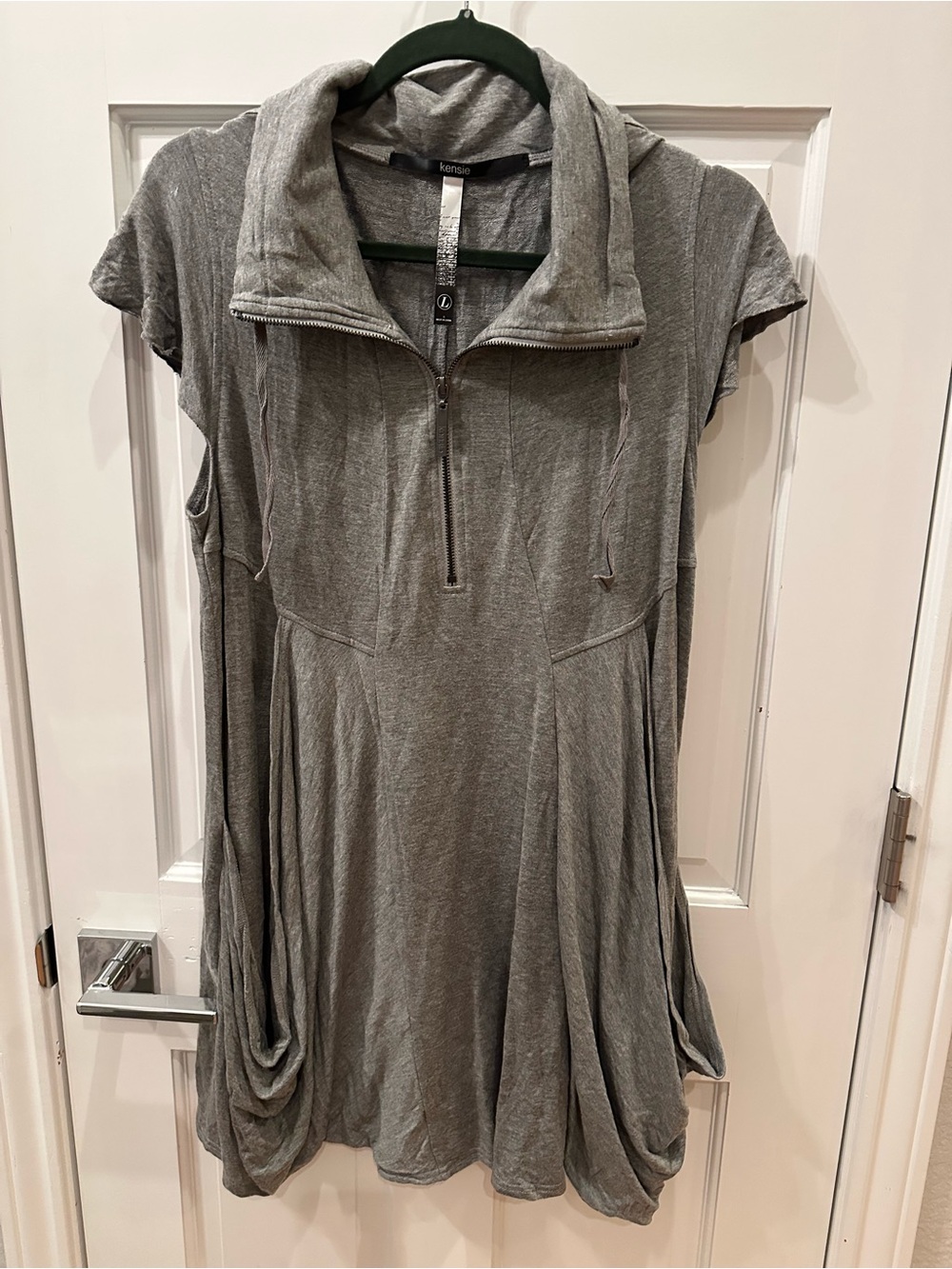 Gray Kenzie Short-Sleeve Hooded Knit Dress/Tunic
